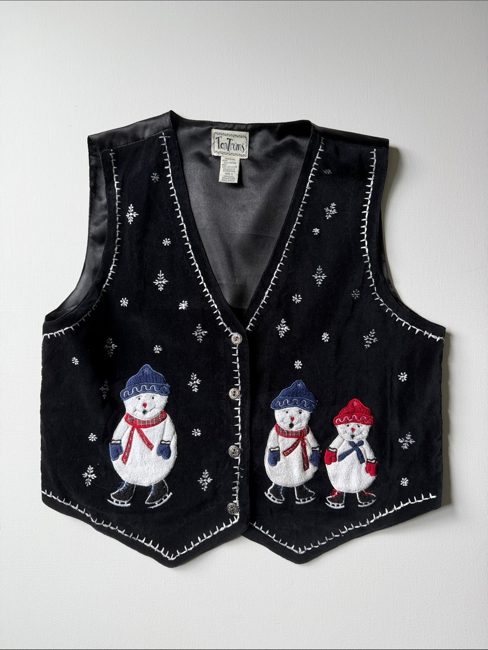 Tantrums Black Women’s Vest with Embroidered Snowmen and Red & Blue Accents - L